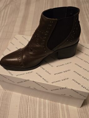 Stud-Accent Brown Leather Ankle Booties